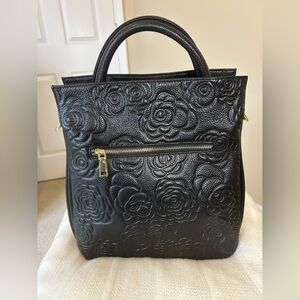 Women's Floral Embossed Cowhide Handbag with Shoulder Strap